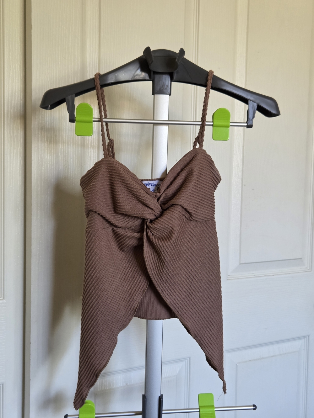 Y2K Revival Soft Brown/Mocha Ribbed Twist-Front Cami Top